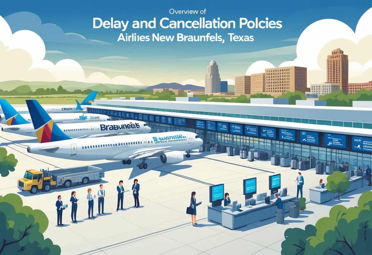 An airport scene in New Braunfels, Texas, showing airplanes at gates, travelers interacting with airline staff, and flight status boards with delays and cancellations, set against a backdrop of local landmarks.