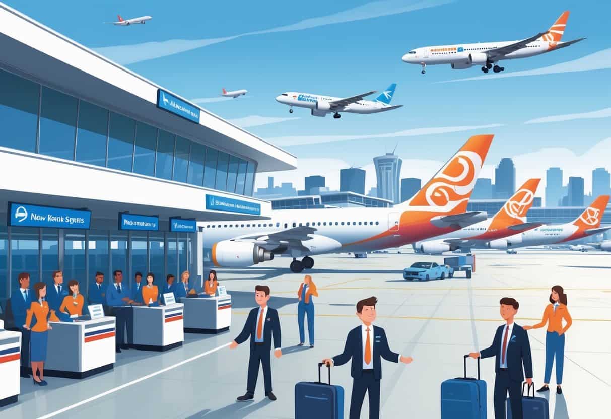 An airport terminal in New Bedford with airline staff helping passengers and airplanes parked at gates under clear skies.