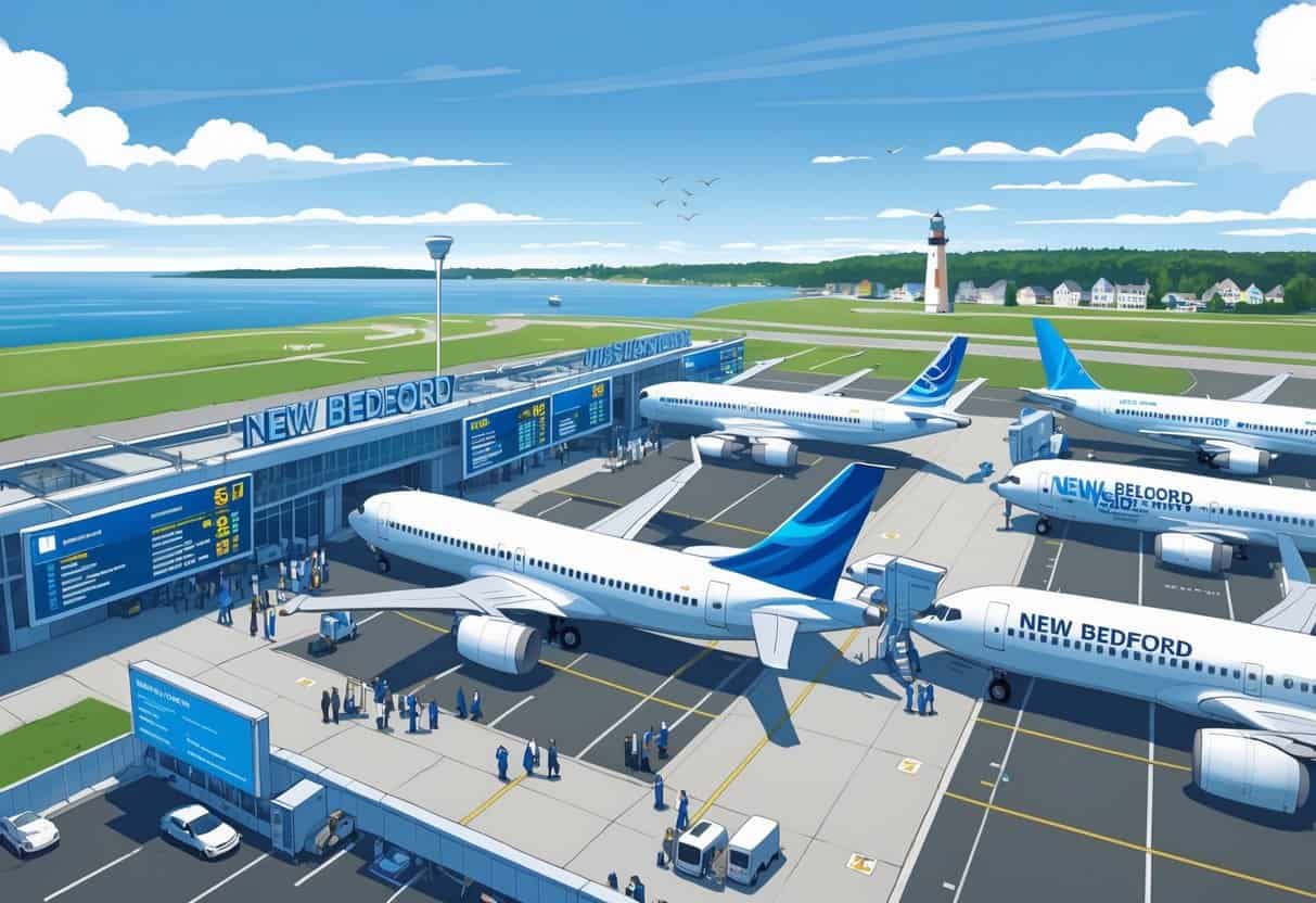 An airport scene in New Bedford, Massachusetts showing airplanes at gates, passengers interacting with airline staff, and a coastal background with a harbor and lighthouse.