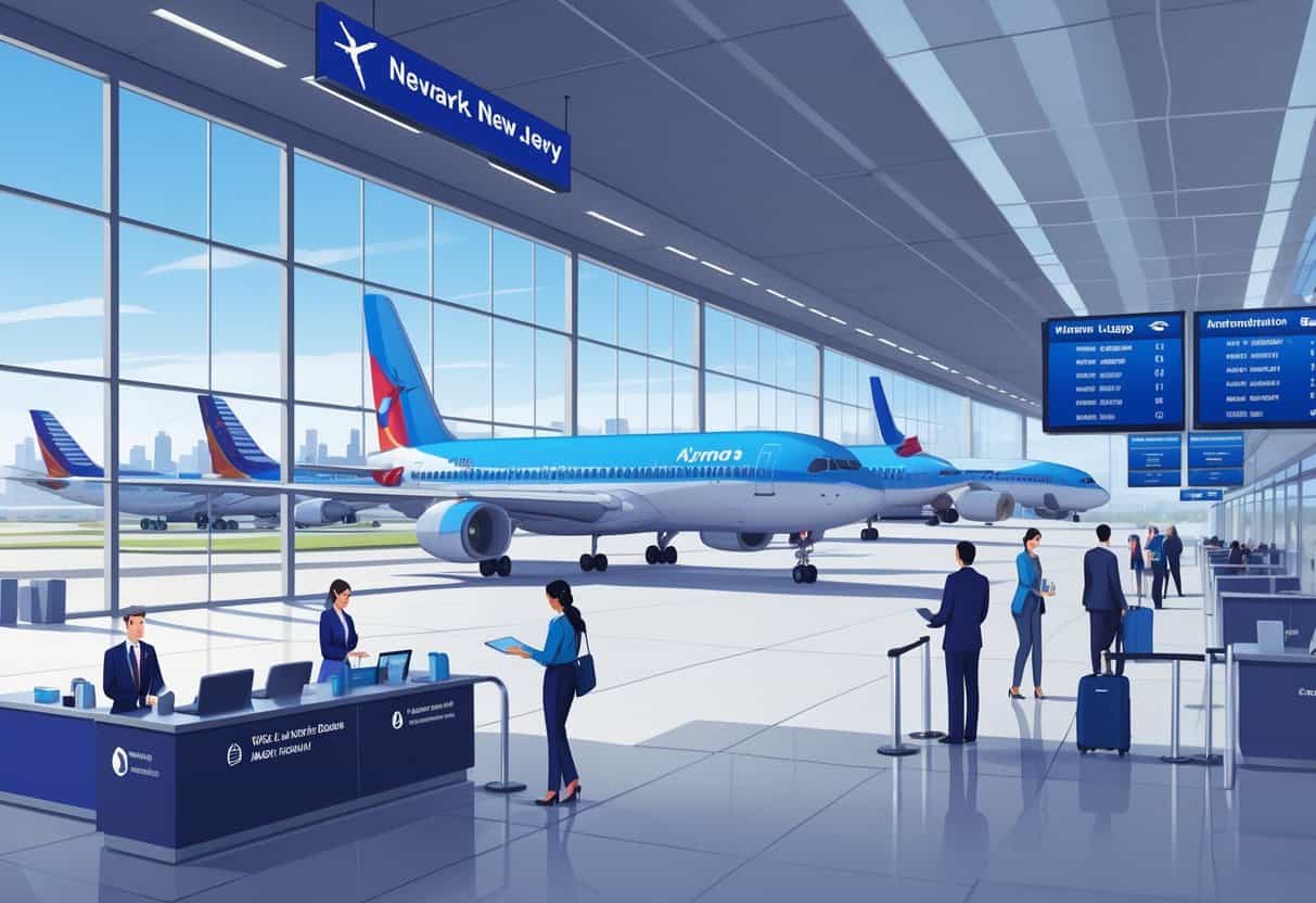 Airport terminal at Newark with airplanes on the tarmac and passengers interacting with airline staff, showing a calm and supportive travel environment.