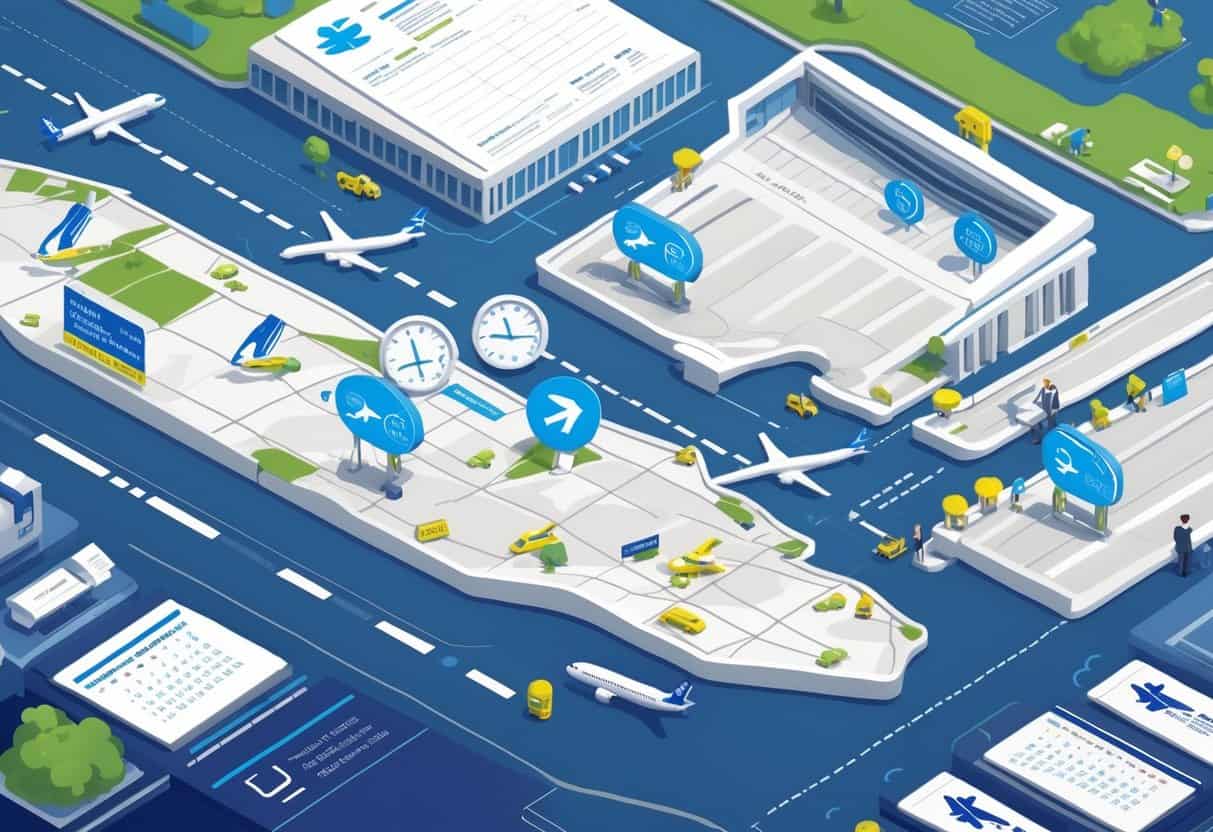 Illustration showing a map of New York City with airport icons and airplanes representing airline delays and cancellation policies, including clocks and calendar symbols, with passengers and airline staff depicted around.