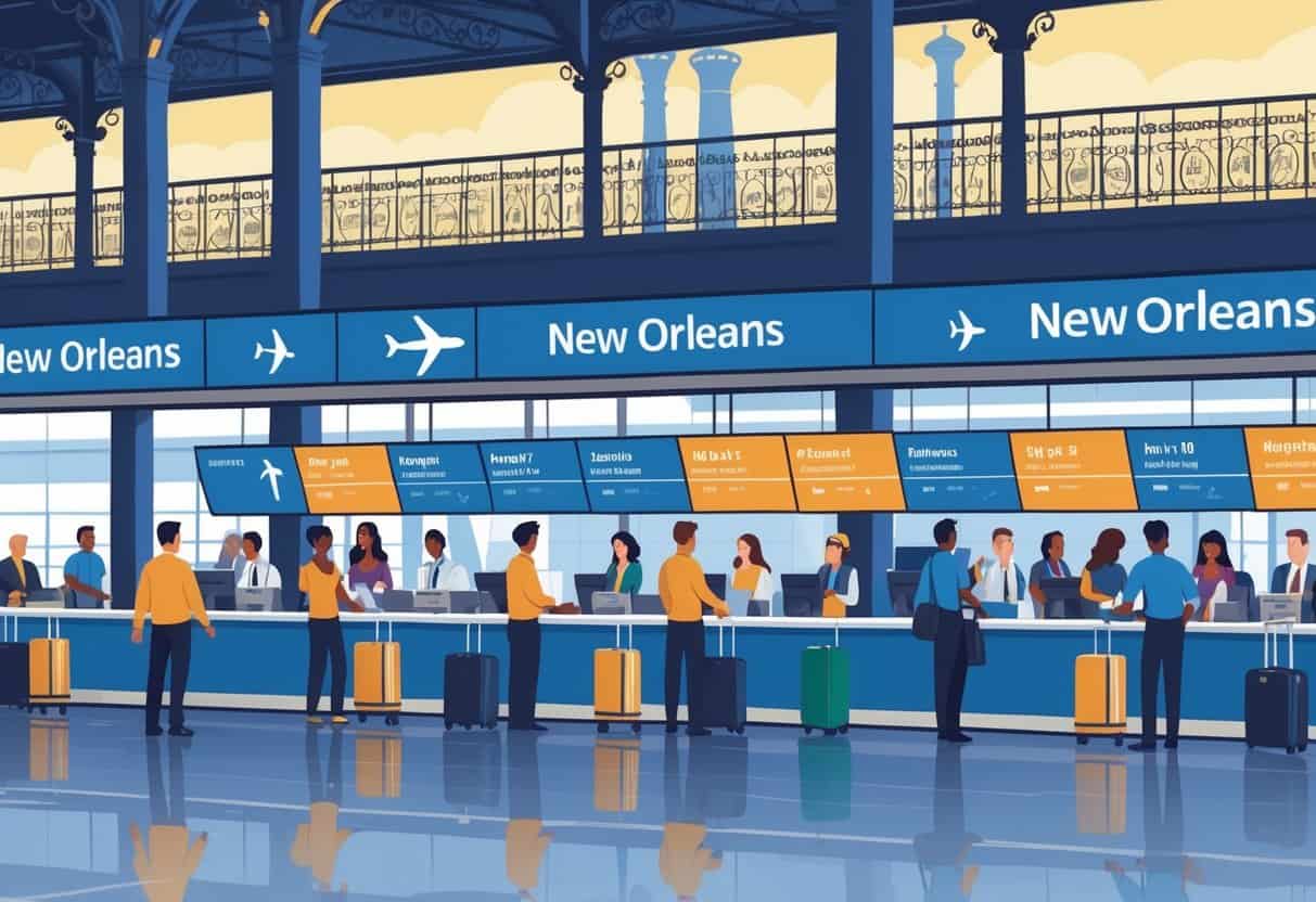 Busy airport terminal in New Orleans with travelers and airline staff assisting passengers in a calm and efficient environment.
