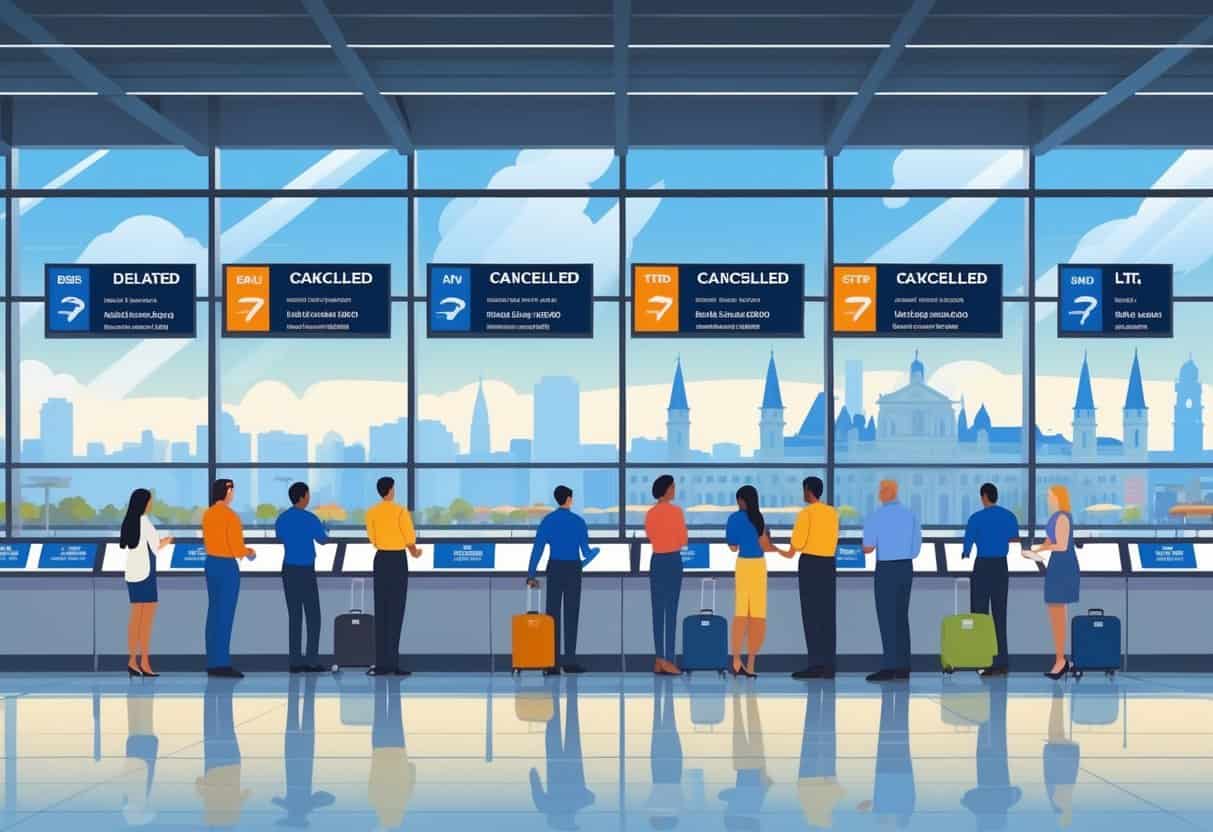 An airport terminal with travelers checking flight status screens and airline staff assisting passengers, with New Orleans landmarks visible through the windows.