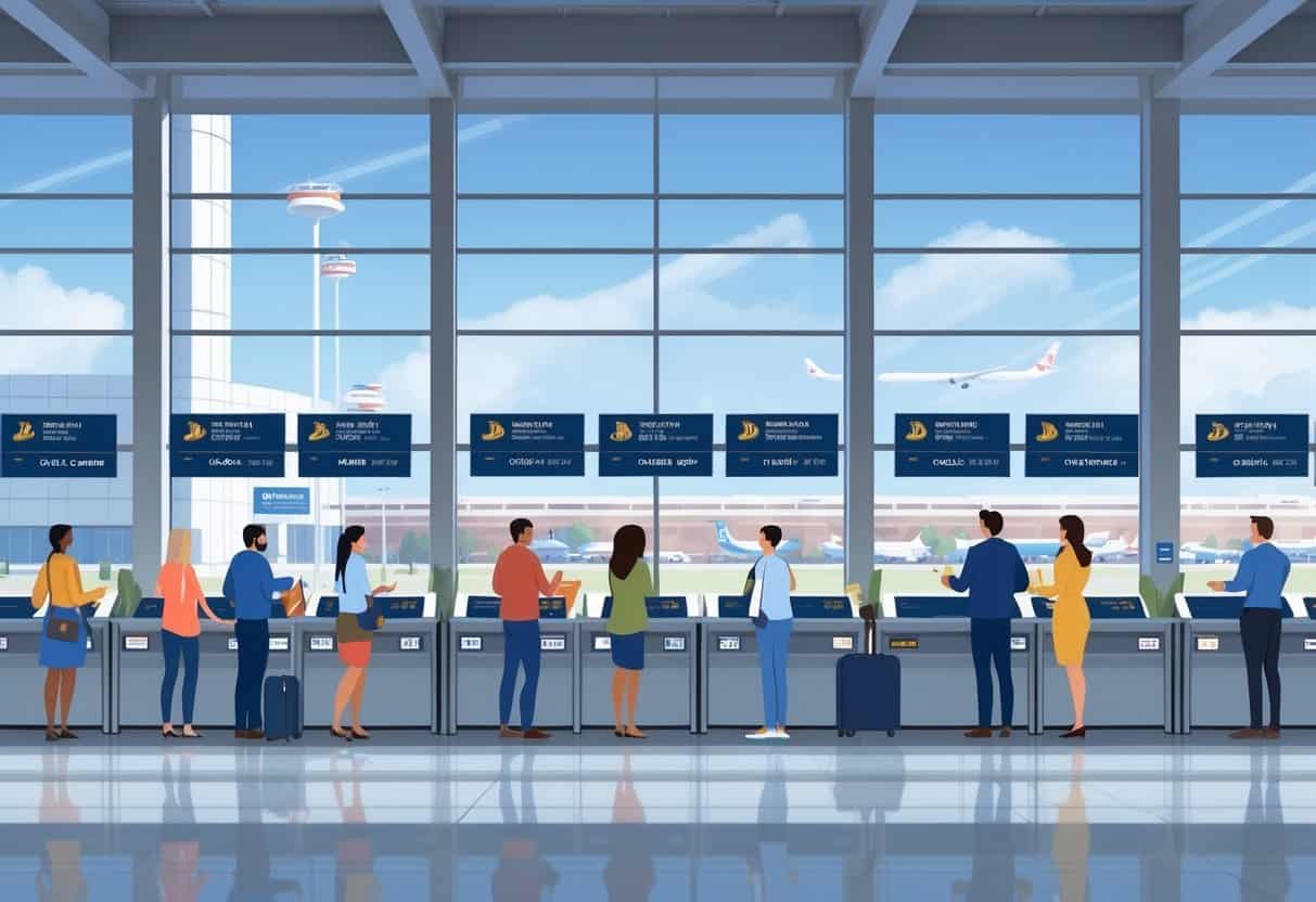 An airport terminal in Norman, Oklahoma with travelers interacting with airline staff at check-in counters and a clear view of local landmarks through large windows.