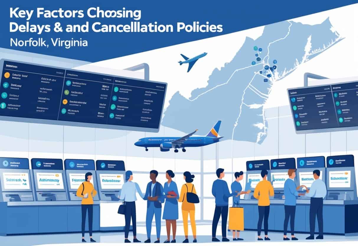 An airport terminal scene with travelers checking flight status screens, a map highlighting Norfolk, Virginia, and airline staff assisting passengers.