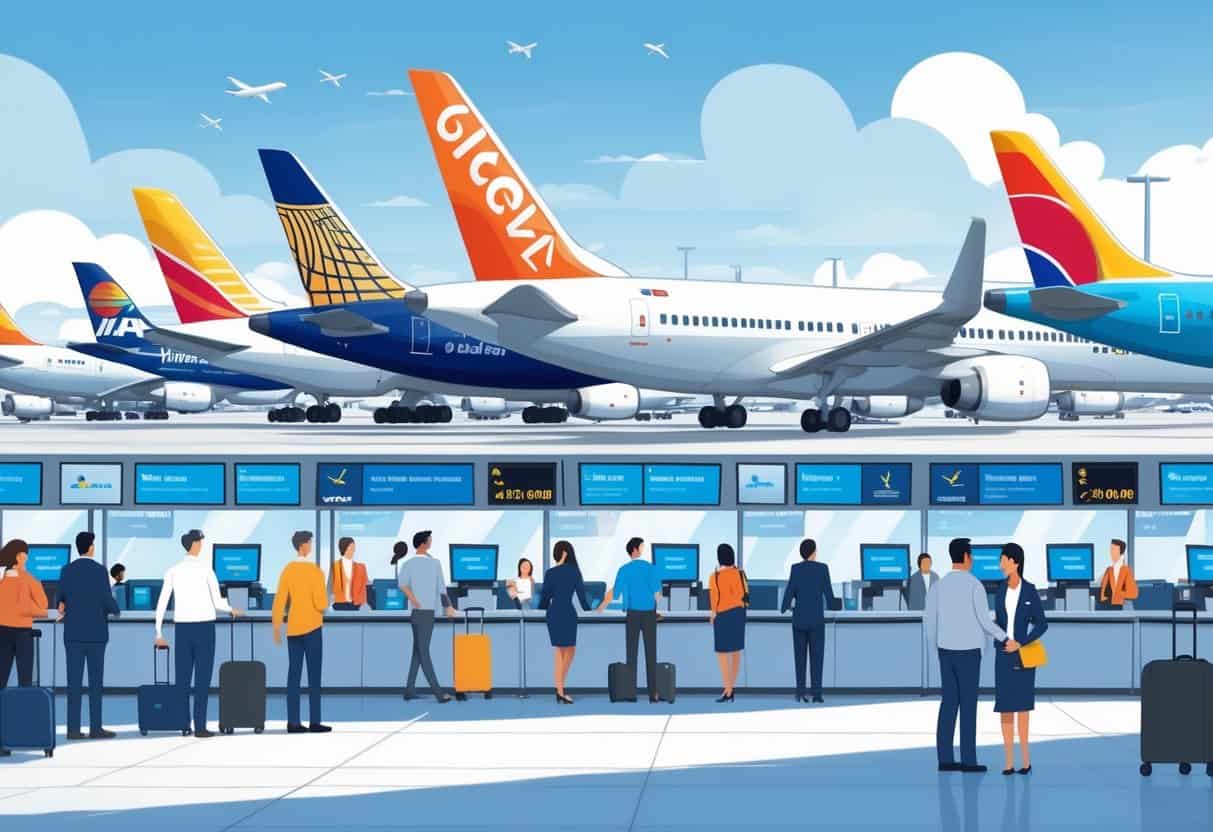 An airport scene in Oakland with travelers and airline staff interacting calmly near service counters and airplanes parked at gates in the background.