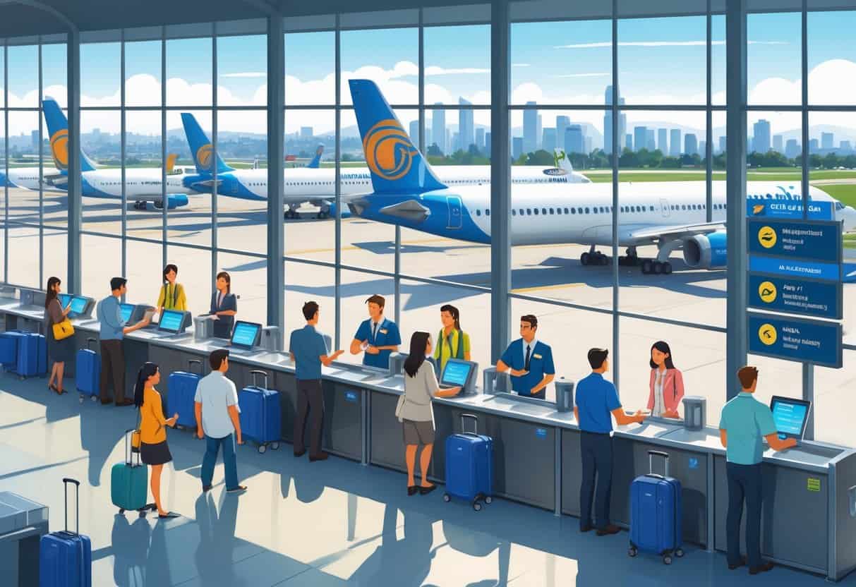 Travelers and airline staff interacting calmly at an airport terminal in Oakland with airplanes visible outside and the city skyline in the background.