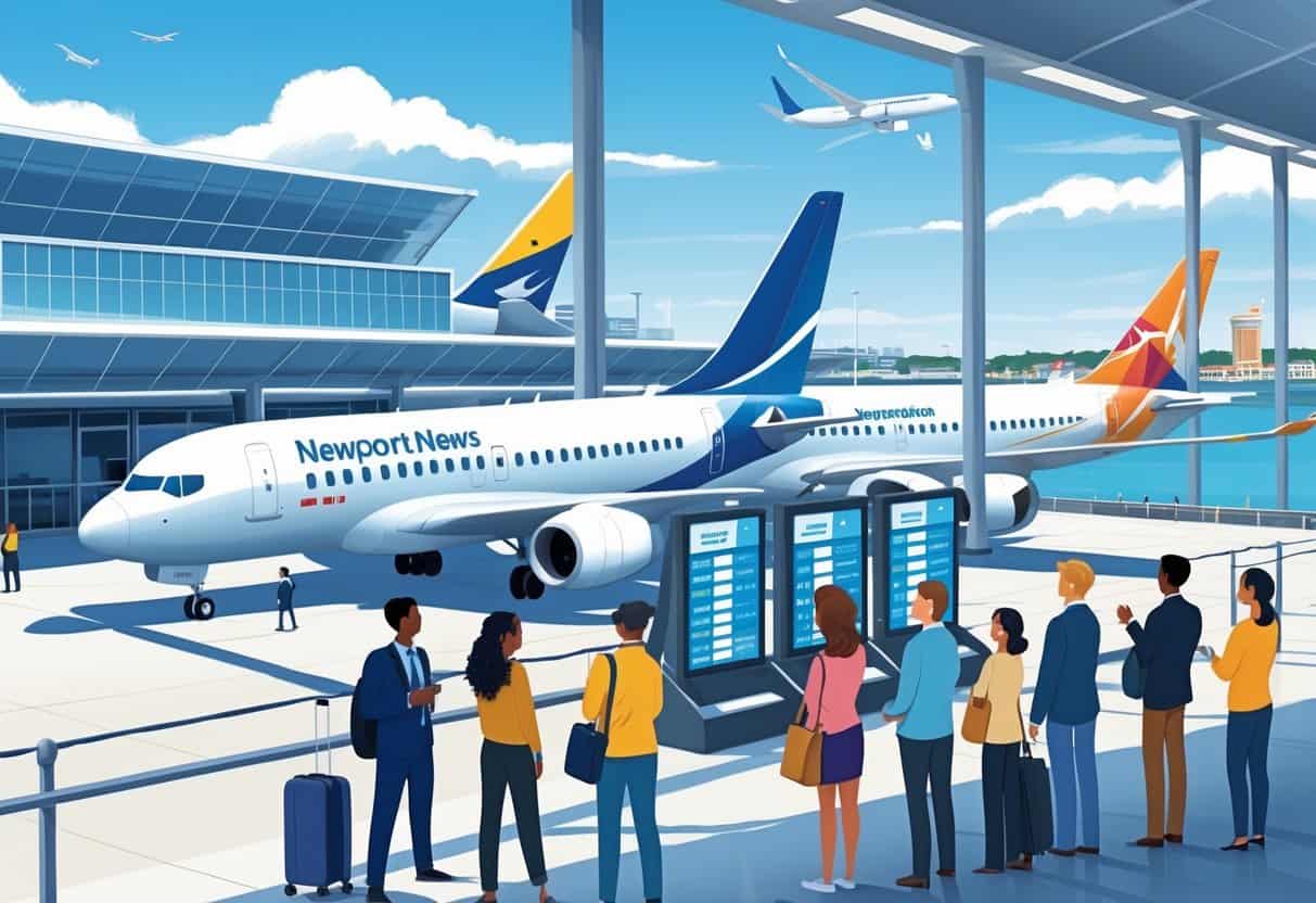 An airport terminal in Newport News with airplanes at gates, travelers checking flight information, and a city skyline featuring local landmarks in the background.