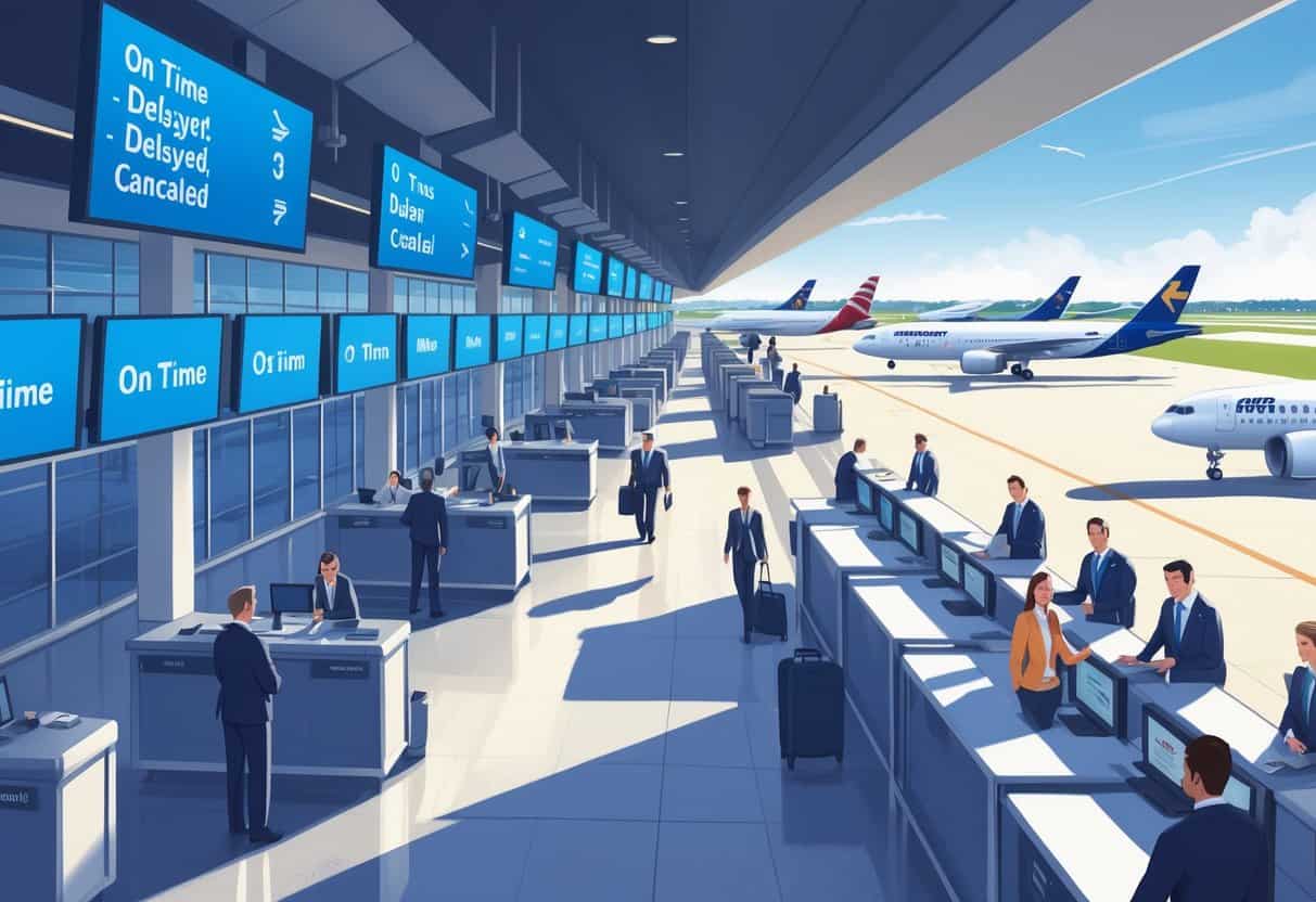Airport terminal in Newport News with passengers and airline staff at counters, airplanes on the runway, and flight status displays showing various flight conditions.