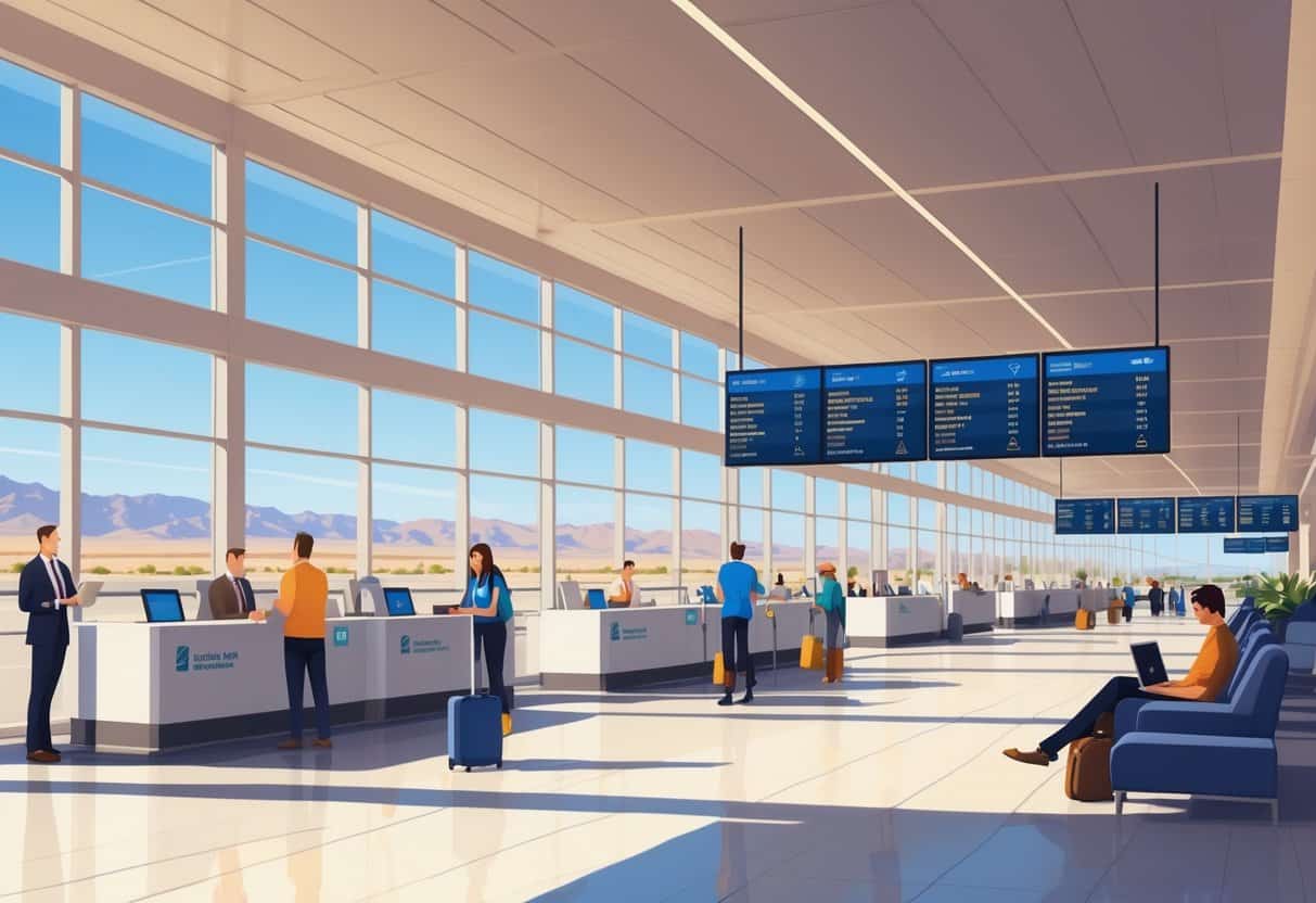 An airport terminal in North Las Vegas with passengers calmly checking in and waiting, showing a smooth and organized travel environment.