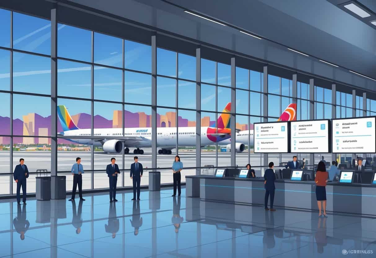 An airport terminal in North Las Vegas with airplanes on the tarmac, passengers interacting with airline staff, and the Las Vegas skyline visible in the background.