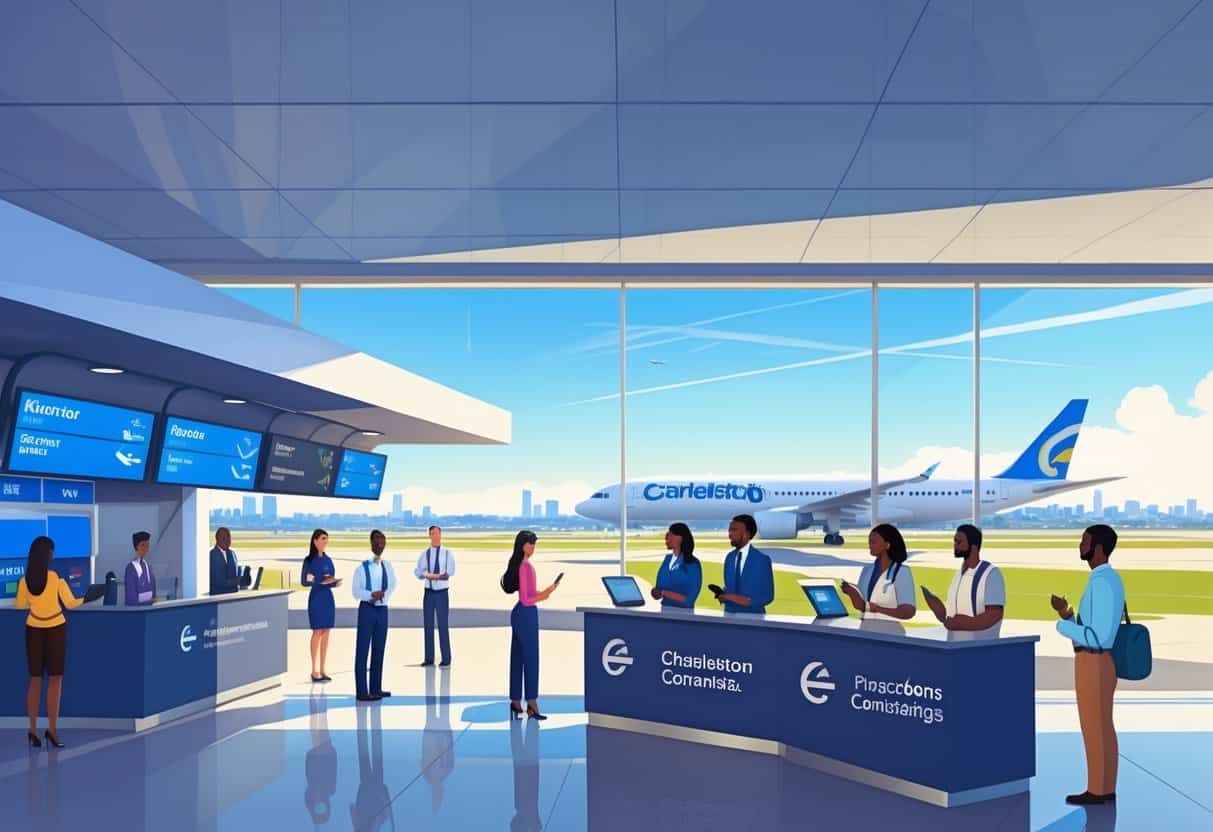 An airport customer service area with travelers and staff, airplanes on the runway, and the Charleston skyline in the background.