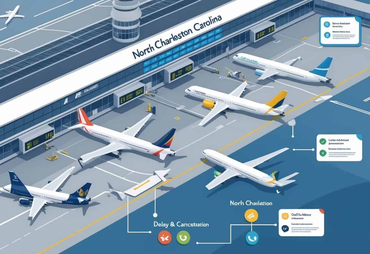 An airport scene showing airplanes, clocks, and digital flight status boards near North Charleston, South Carolina, with icons representing airline delays and cancellation policies.