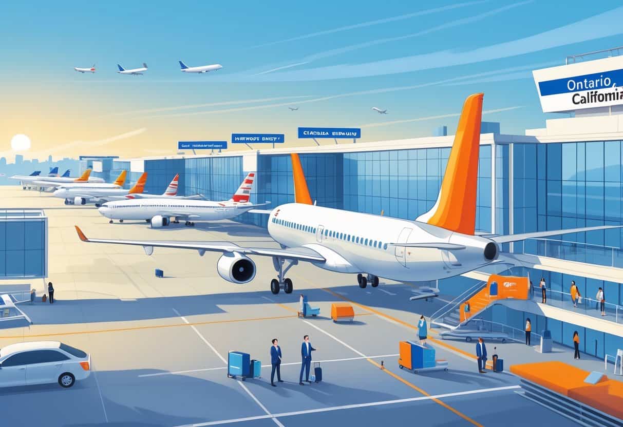 An airport scene in Ontario, California, showing airplanes on the tarmac and passengers being assisted by airline staff inside a modern terminal.