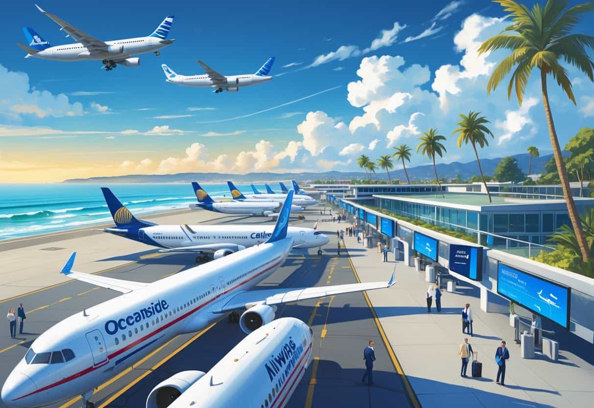 A coastal airport in Oceanside, California with airplanes at gates, ocean and palm trees in the background, and airport staff and passengers moving efficiently.