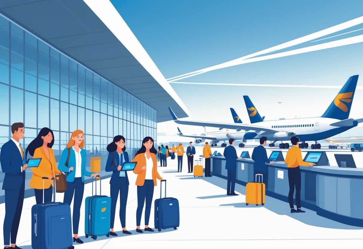 Travelers at an airport terminal in Omaha, Nebraska, interacting with airline staff and checking flight information, with airplanes visible outside.