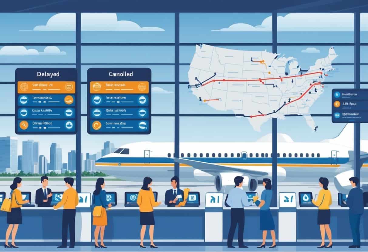 Travelers and airline staff at an airport terminal in Omaha with flight information boards showing delays and cancellations and a map highlighting Omaha and flight routes.