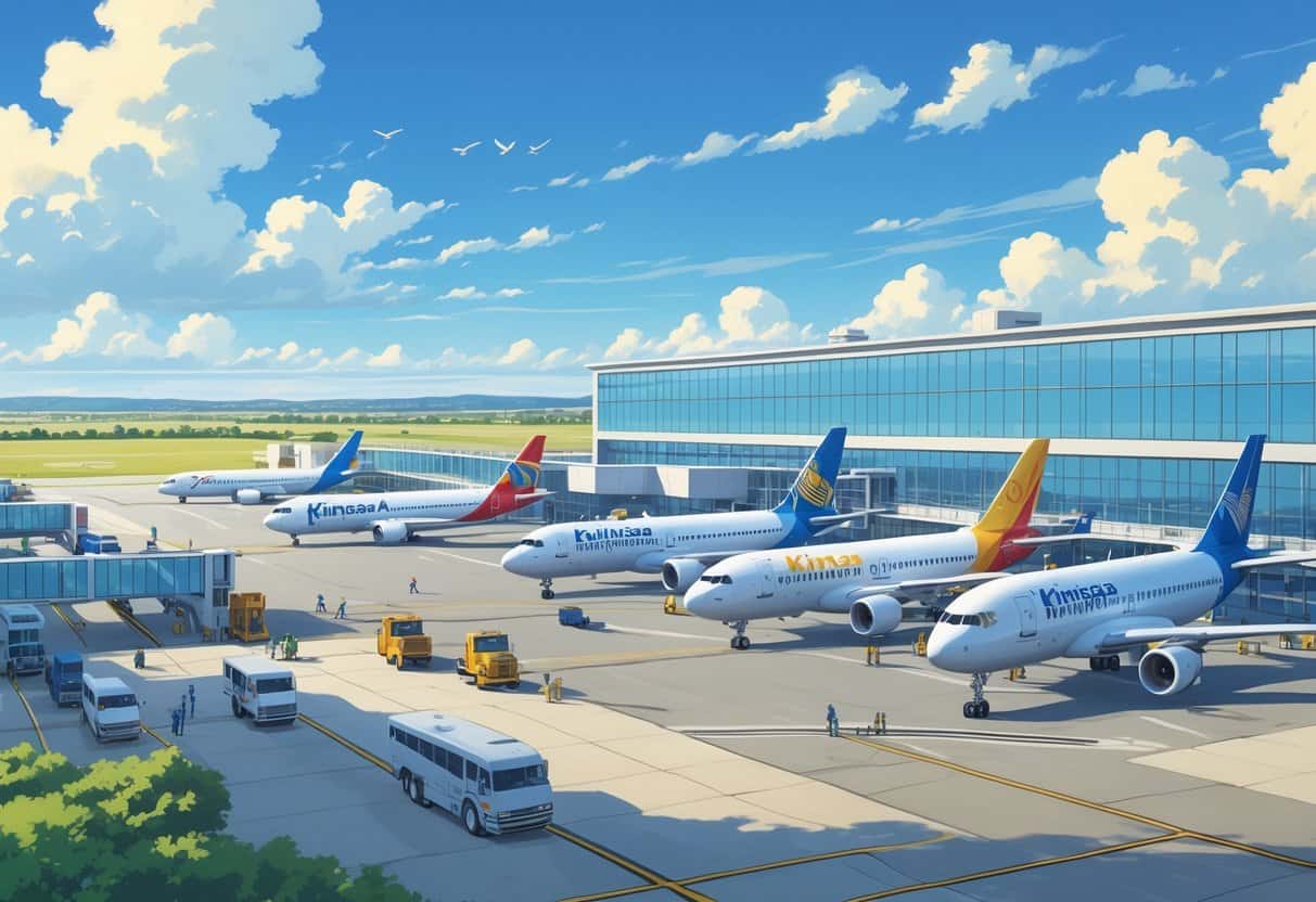 A busy airport in Olathe, Kansas with several airplanes from different airlines parked and taxiing, passengers and ground crew active near the terminal, and a clear sky with distant farmland visible.