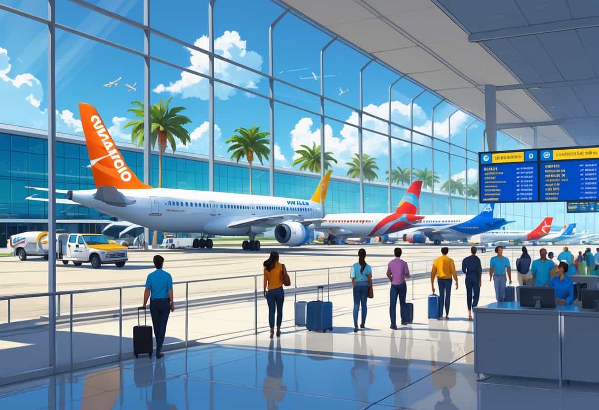 An airport terminal in Orlando with airplanes at gates, passengers waiting calmly, and airline staff assisting travelers.