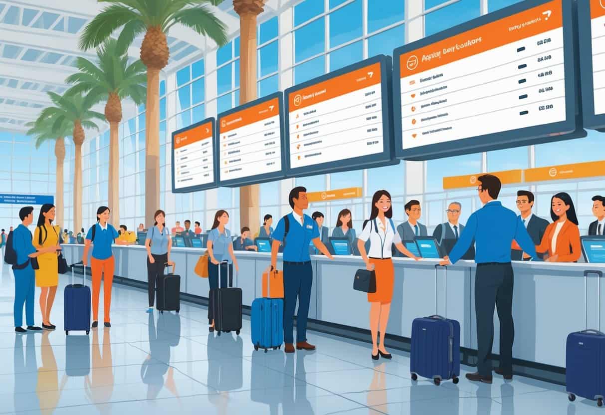 Travelers and airline staff at an airport check-in counter in Orange, California, with flight information boards showing delays and cancellations in the background.