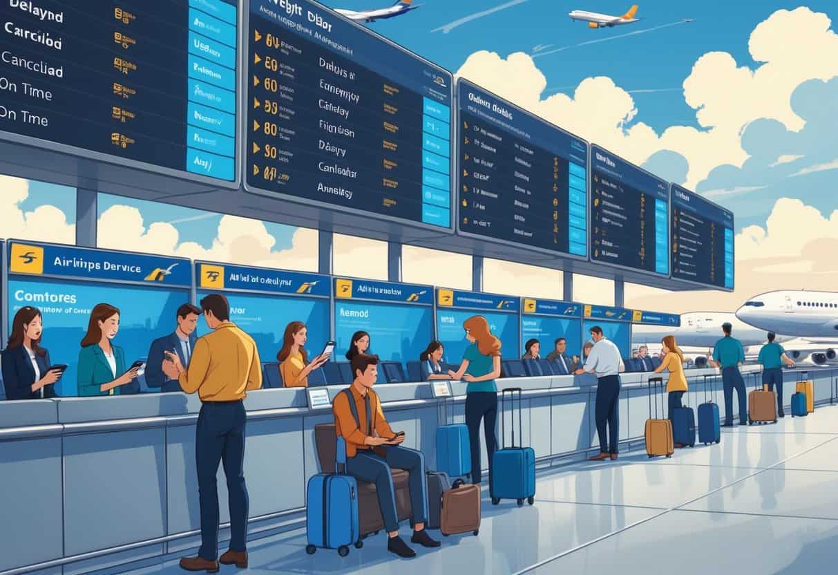 A busy airport terminal in Orlando with travelers checking flight status boards showing delays and cancellations, airline staff assisting passengers, and airplanes visible outside on the tarmac.