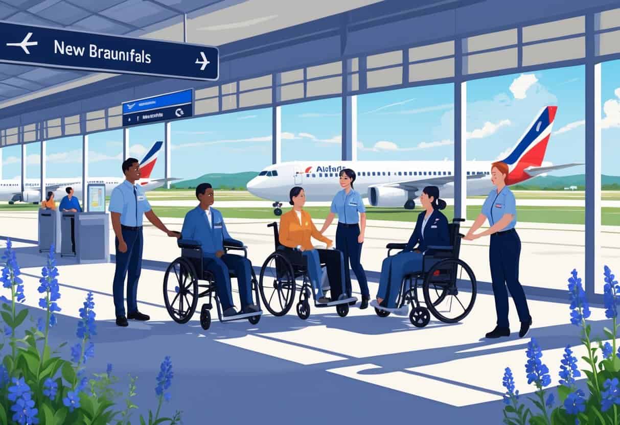 Airport terminal in New Braunfels showing disabled travelers using wheelchairs and mobility aids, assisted by airline staff near airplanes on the tarmac.