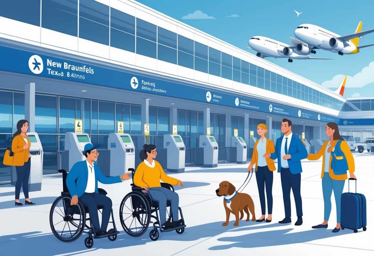 An airport terminal in New Braunfels with travelers with disabilities being assisted by airline staff near airplanes with boarding ramps.