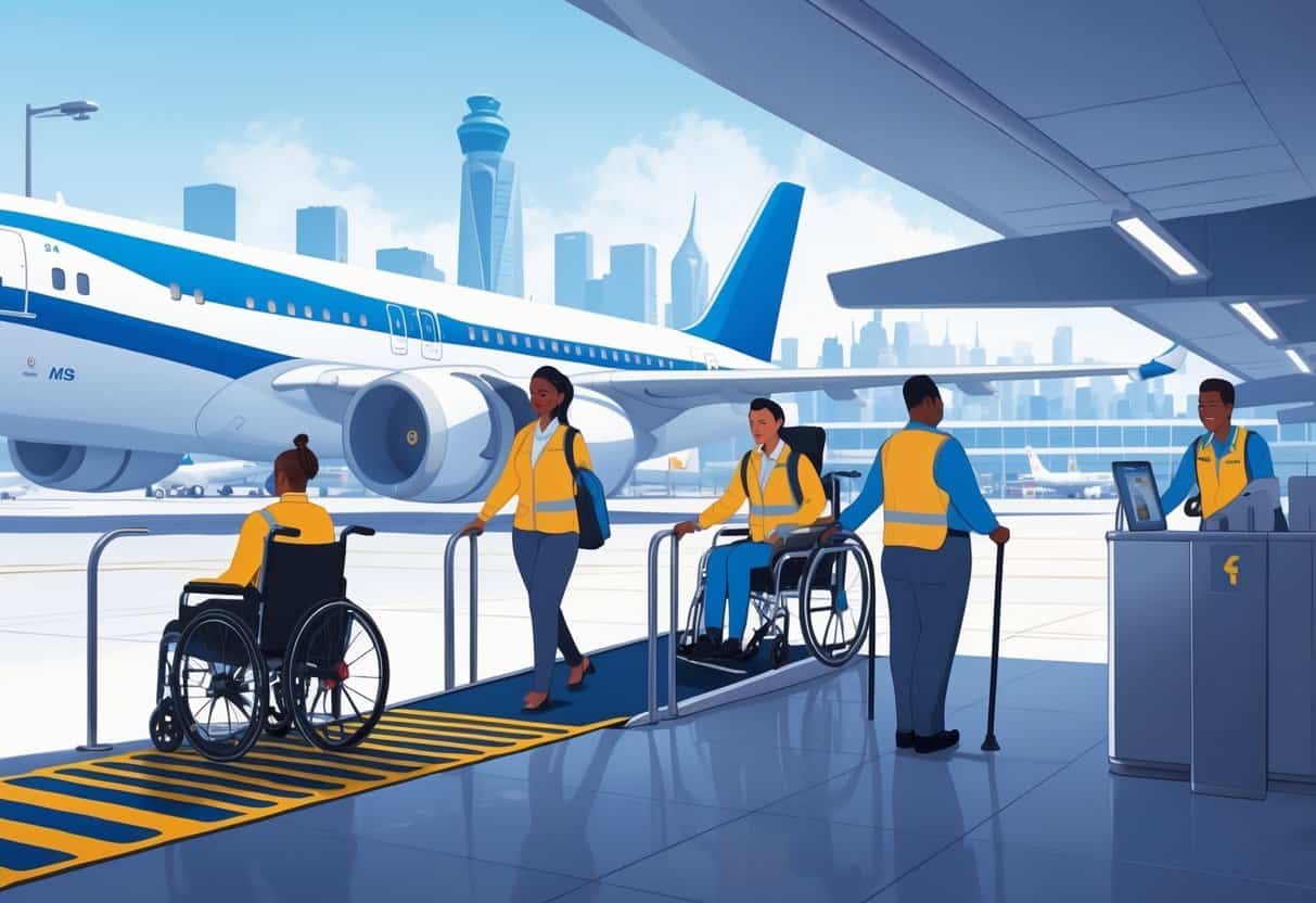 An airport scene showing disabled travelers being assisted by airline staff with accessible facilities and a plane in the background near Newark, New Jersey.