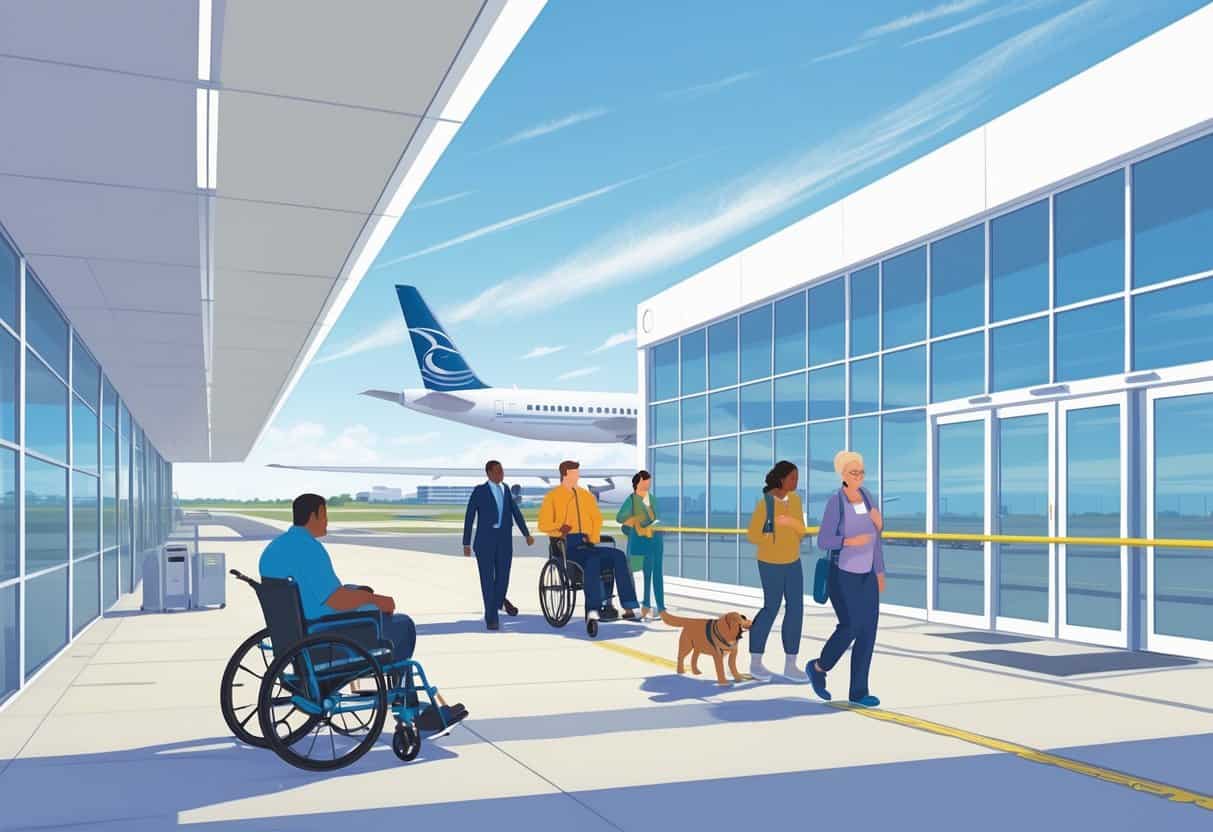 An airport scene showing disabled travelers being assisted with boarding and accessibility features like ramps and wide doors in a bright terminal with palm trees outside.