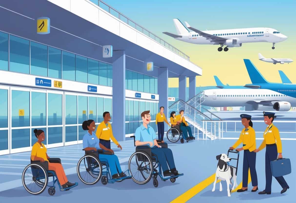 A busy airport terminal at Newark Liberty International Airport showing travelers with disabilities using wheelchairs and other aids, assisted by airline staff near ramps and automatic doors.