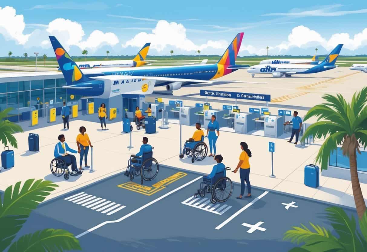 Airport terminal in North Charleston with diverse disabled travelers using wheelchairs and mobility aids, assisted by airline staff, with airplanes visible outside.