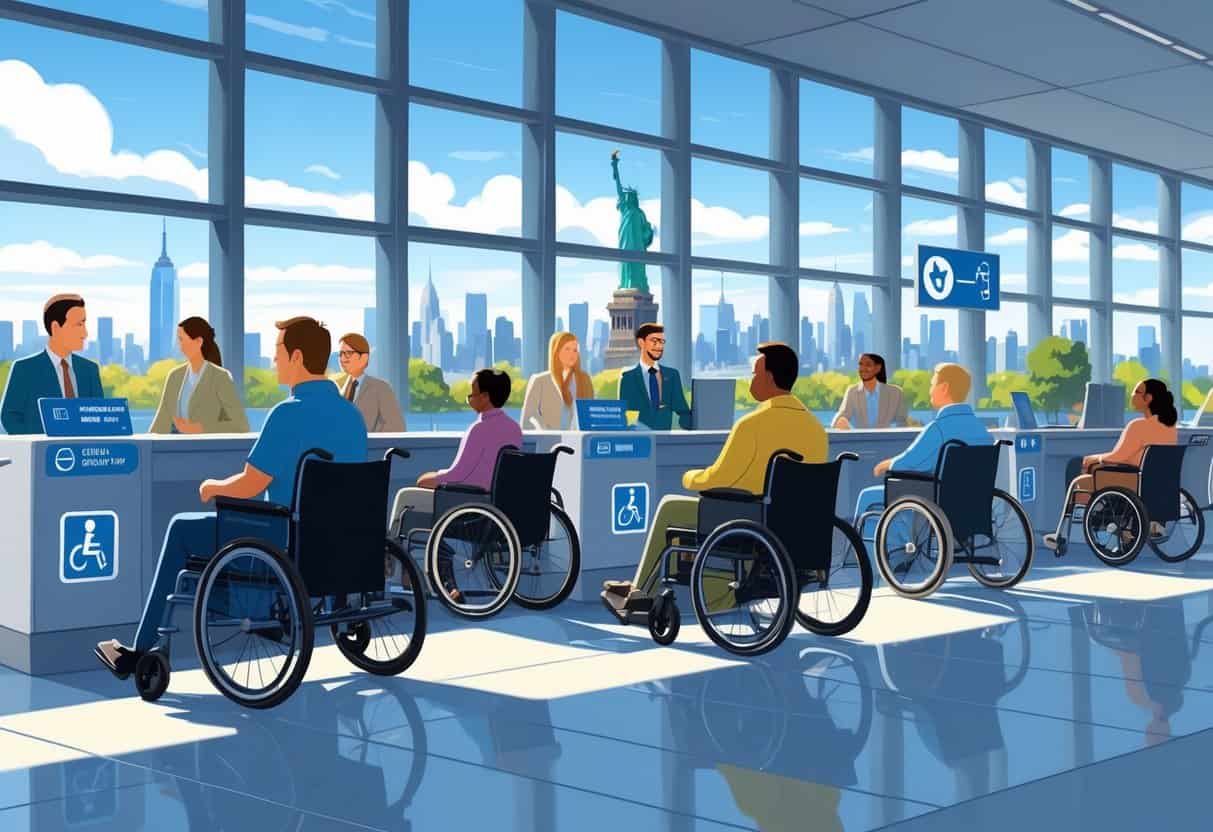 A group of disabled travelers and airline staff interacting in an accessible New York City airport terminal with views of the city skyline in the background.