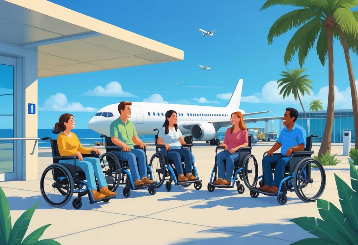 Disabled travelers using wheelchairs and mobility devices at an accessible airport terminal near the ocean in Oceanside, California.