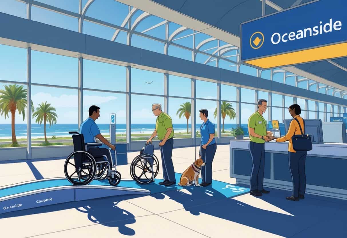 Airport scene in Oceanside, California showing disabled travelers receiving assistance from airline staff near an airplane and inside the terminal with ocean views in the background.
