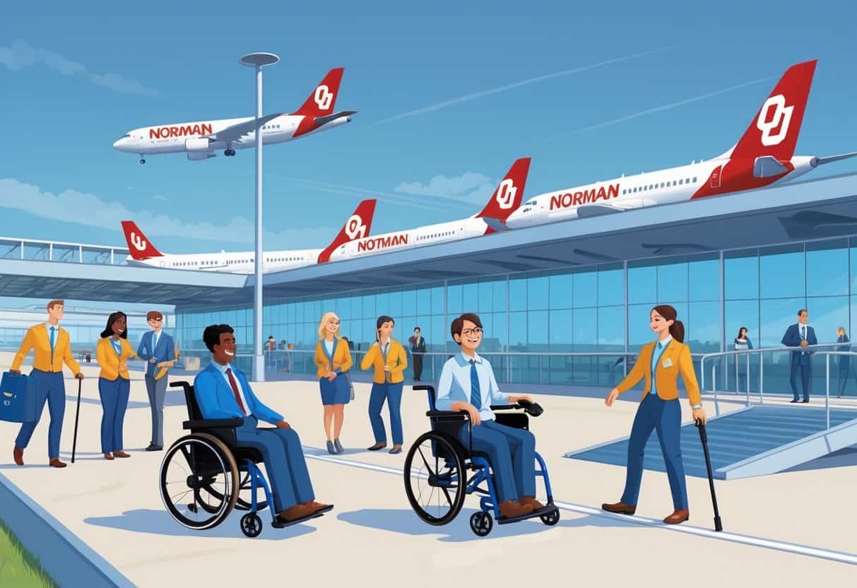 An airport scene in Norman, Oklahoma showing disabled travelers being assisted by airline staff near airplanes, with ramps and accessible features visible.