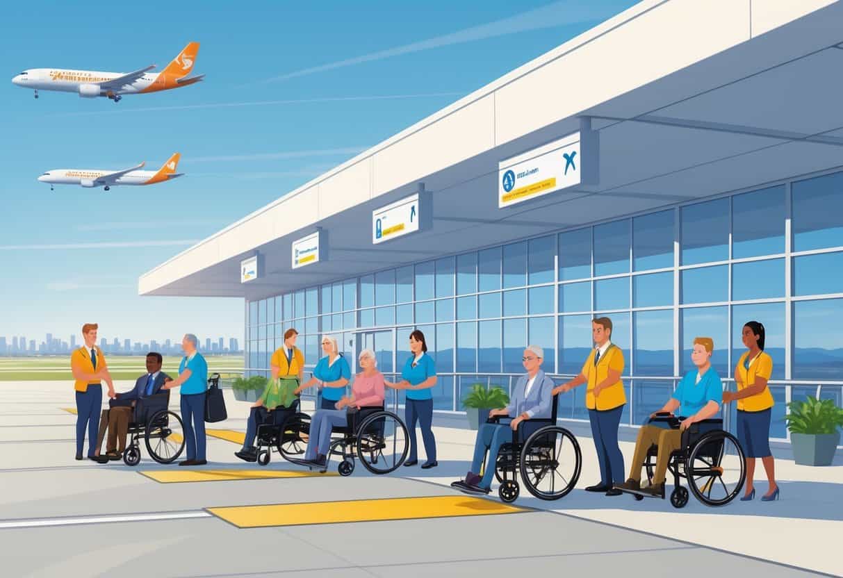 An airport scene showing passengers with disabilities being assisted by airline staff, with airplanes and the city skyline in the background.