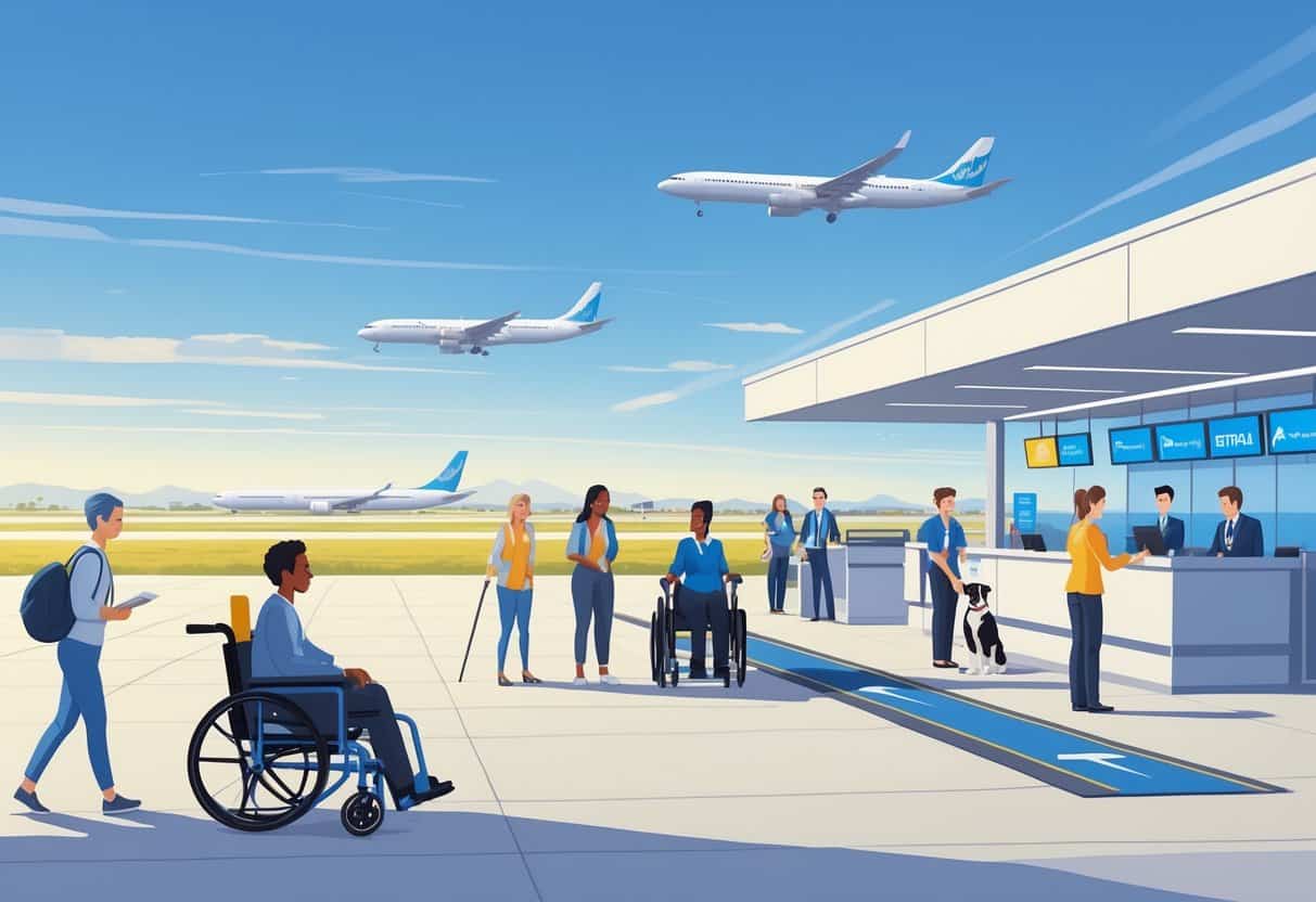 An airport scene showing diverse disabled travelers being assisted by airline staff with accessible facilities and airplanes in the background.