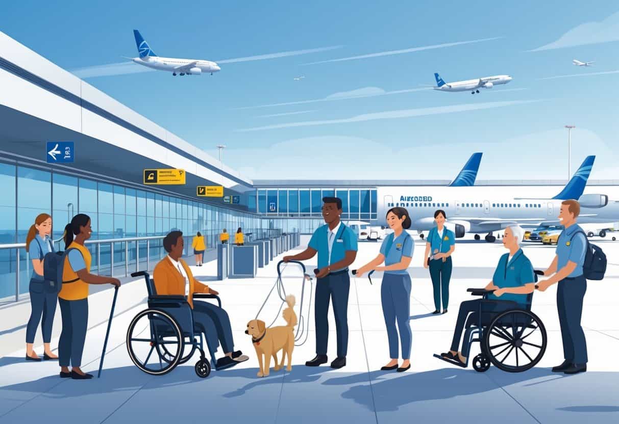 Airport scene showing disabled travelers being assisted by airline staff near accessible boarding gates with airplanes in the background.
