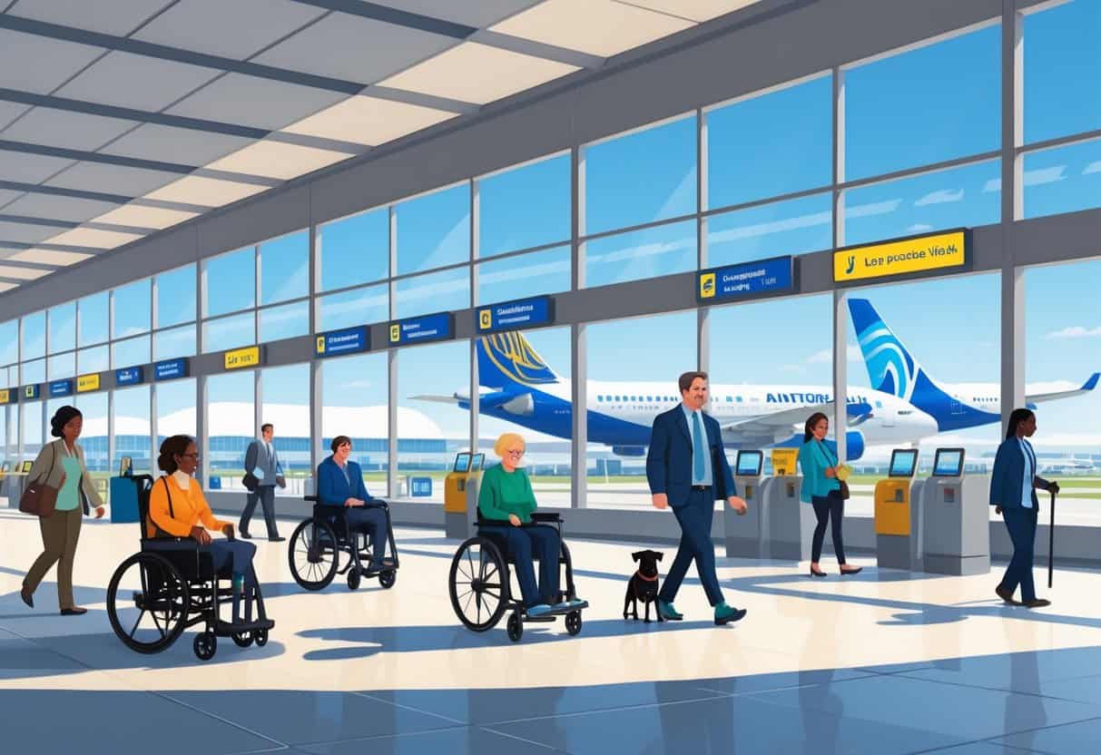 Travelers with disabilities moving comfortably through an accessible Norfolk International Airport terminal with airplanes visible outside.
