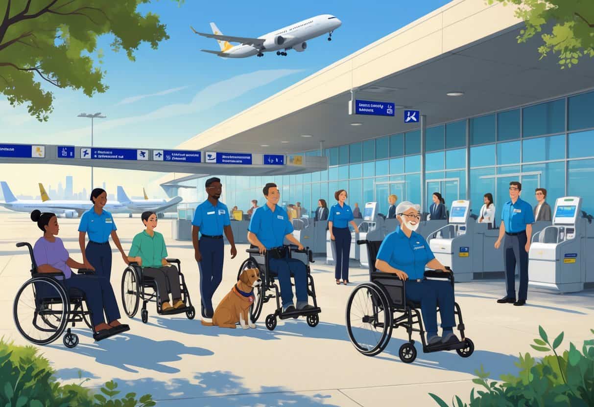A group of disabled travelers using mobility aids and service dogs at an accessible airport terminal in Oakland, with airline staff assisting them and airplanes visible outside.