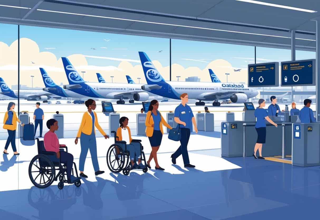 A busy airport terminal in Oakland with disabled travelers using wheelchairs, guide dogs, and canes being assisted by staff near airplanes and accessible facilities.