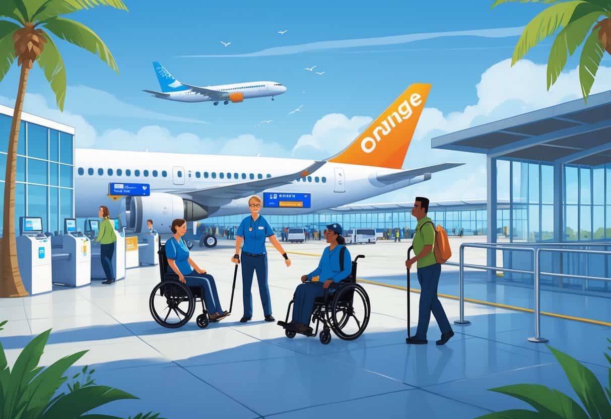 An airport scene in Orange, California showing disabled travelers using wheelchairs, a guide dog, and a cane, with airline staff assisting them near an airplane and accessible facilities visible.