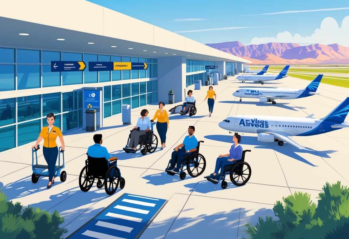Airport scene in North Las Vegas showing diverse disabled travelers using mobility aids and receiving assistance from airline staff near airplanes on the runway.