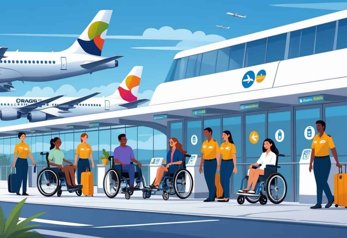An airport scene showing disabled travelers receiving assistance from airport staff with accessible features like ramps and wide doors, and airplanes in the background.