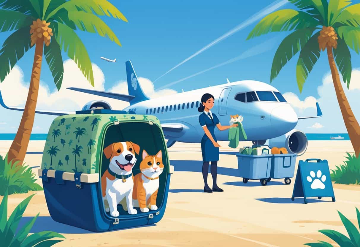 A dog and cat inside a pet carrier near an airplane on a runway with palm trees and a clear sky, while an airline staff member interacts with the pets.