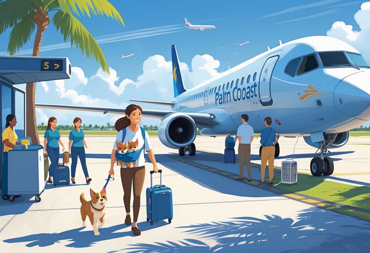 A pet owner carrying a dog in a carrier walking toward an airplane near palm trees at an airport, with other pets and owners nearby preparing for travel.