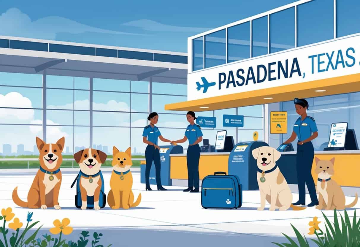 An airport scene in Pasadena, Texas showing pets with their owners being assisted by airline staff near pet-friendly travel areas.
