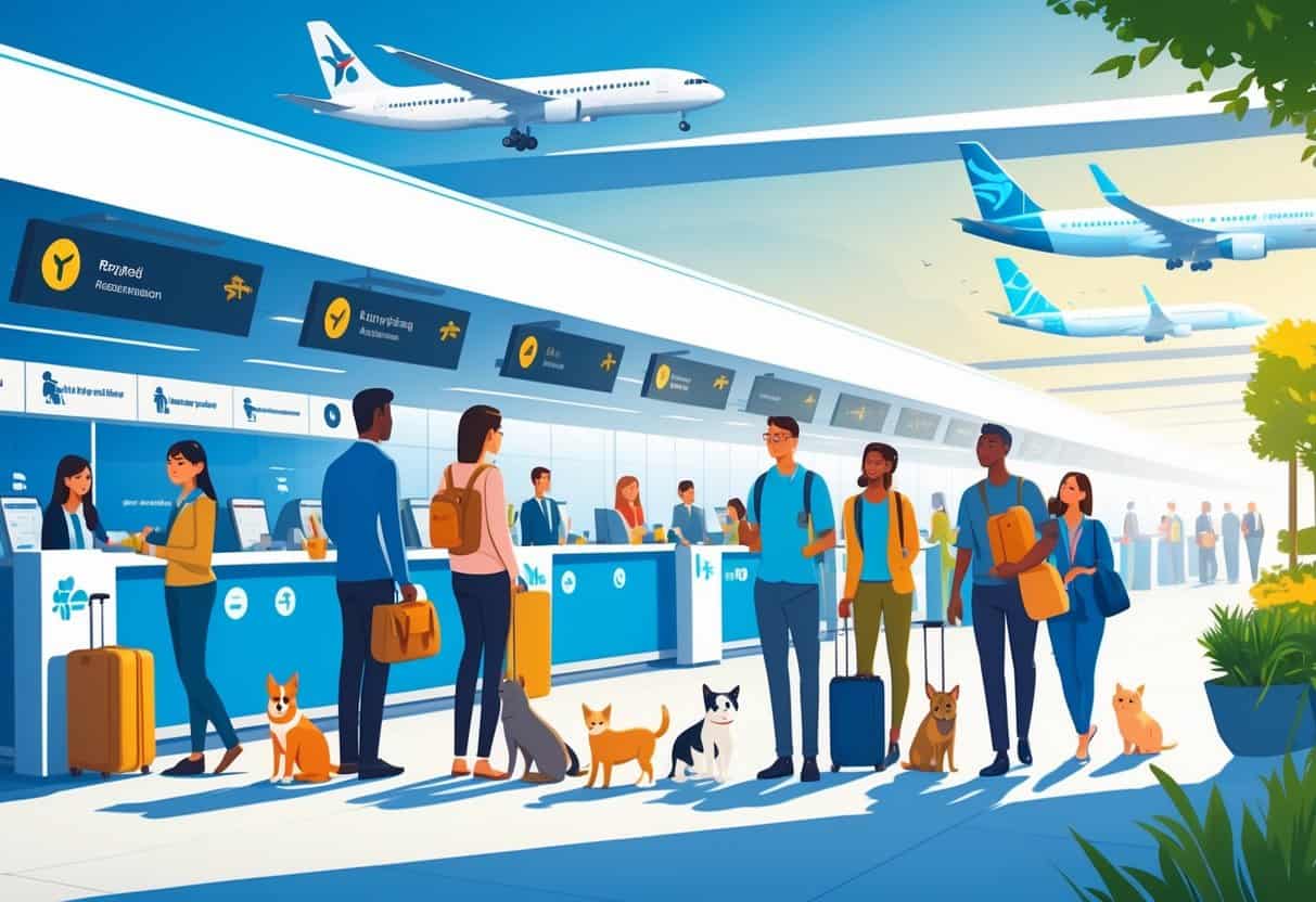 Travelers with pets at an airport terminal in Pasadena, Texas, preparing to board airplanes.