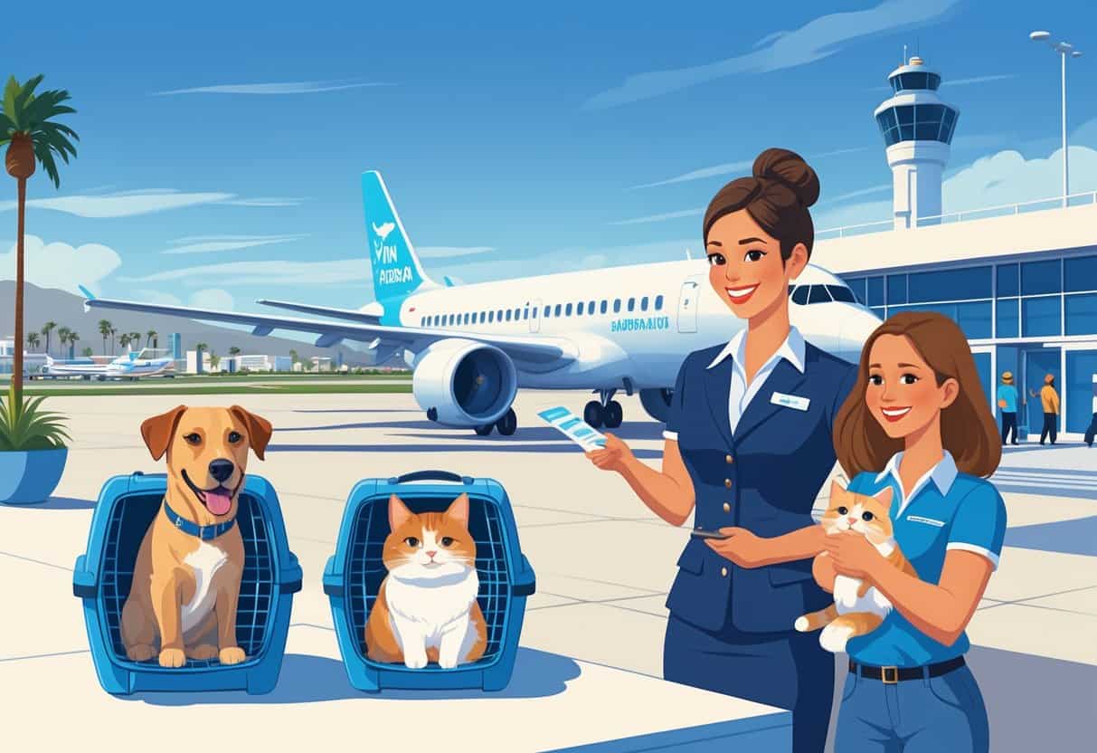 An airport scene in Pasadena with a dog and cat in carriers being assisted by an airline employee near a plane, with cityscape and mountains in the background.