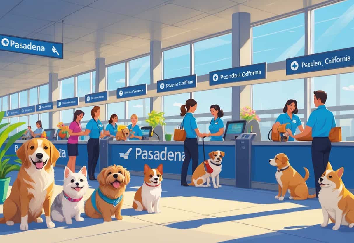 An airport scene with people traveling with pets like dogs and cats, airline counters, and staff assisting pet owners in a modern terminal labeled Pasadena.